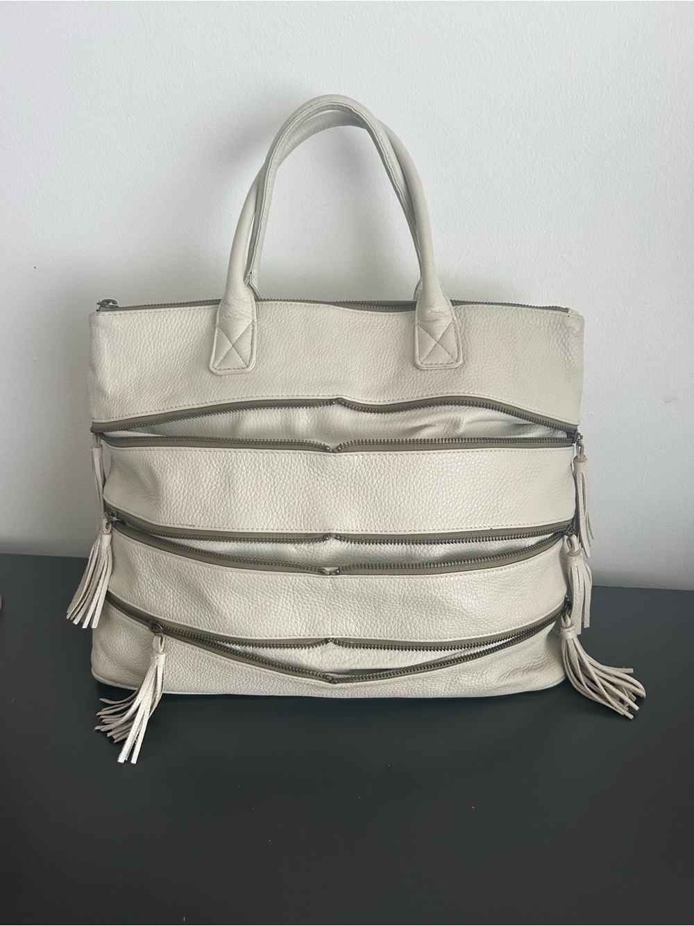 Pallie Bags Cream Pebbled Leather Multi Zip Tote Shoulder Bag Work Laptop - Picture 7 of 13